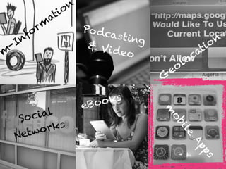 Step towards digital
lecture room
m
-Inform
ation
G
eolocation
Social  
Networks
eBooks
m
obile
Apps
Podcasting  & Video
 