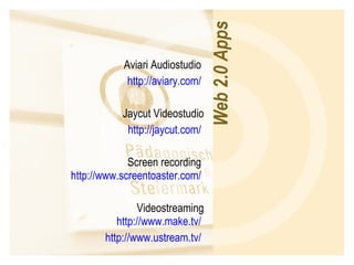 Aviari Audiostudio  http://aviary.com/   Jaycut Videostudio http://jaycut.com/   Screen recording    http://www.screentoaster.com/   Videostreaming http://www.make.tv/   http://www.ustream.tv/   