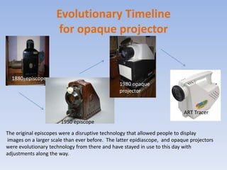 Overhead projectorsThe overhead projector is a machine in which transparent sheets are placed on a glass surface and a light is shown from below to display a larger image onto a screen. These are still in limited use today , but are still used especially in math and art classrooms.