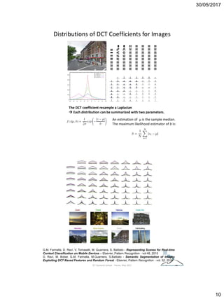30/05/2017
10
Distributions of DCT Coefficients for Images
An estimation of μ is the sample median.
The maximum likelihood estimator of b is:
The DCT coefficient resample a Laplacian
 Each distribution can be summarized with two parameters.
ICT Doctoral School - Trento, May 2017
G.M. Farinella, D. Ravì, V. Tomaselli, M. Guarnera, S. Battiato - Representing Scenes for Real-time
Context Classification on Mobile Devices – Elsevier, Pattern Recognition - vol.48, 2015
D. Ravì, M. Bober, G.M. Farinella, M.Guarnera, S.Battiato - Semantic Segmentation of Images
Exploiting DCT Based Features and Random Forest - Elsevier, Pattern Recognition - vol. 52, 2016
 