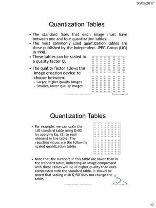 30/05/2017
17
• The standard fixes that each image must have
between one and four quantization tables.
• The most commonly used quantization tables are
those published by the Independent JPEG Group (IJG)
in 1998.
• These tables can be scaled to
a quality factor Q.
• The quality factor allows the
image creation device to
choose between:
o Larger, higher quality images
o Smaller, lower quality images.
Quantization Tables
ICT Doctoral School - Trento, May 2017
Quantization Tables
• For example, we can scale the
IJG standard table using Q=80
by applying Eq. (2) to each
element in the table. The
resulting values are the following
scaled quantization tables
• Note that the numbers in this table are lower than in
the standard table, indicating an image compressed
with these tables will be of higher quality than ones
compressed with the standard table. It should be
noted that scaling with Q=50 does not change the
table.
ICT Doctoral School - Trento, May 2017
 