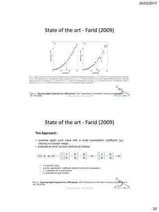 30/05/2017
32
Farid, H.: Exposing digital forgeries from JPEG ghosts. IEEE Transactions on Information Forensics and Security 4(1),
154–160 (2009)
State of the art - Farid (2009)
ICT Doctoral School - Trento, May 2017
The Approach:
• quantize again such value with a novel quantization coefficient (q3)
varying in a proper range;
• evaluate an error function defined as follows:
Farid, H.: Exposing digital forgeries from JPEG ghosts. IEEE Transactions on Information Forensics and Security 4(1),
154–160 (2009)
• c is the DCT term;
• qi is the quantization coefficient referred to the i-th compression,
• […] indicates the round function
• |..| indicates the abs function
State of the art - Farid (2009)
ICT Doctoral School - Trento, May 2017
 