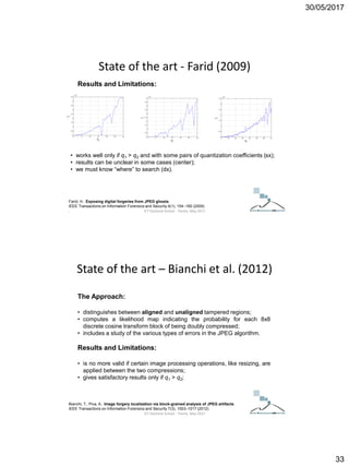 30/05/2017
33
Results and Limitations:
• works well only if q1 > q2 and with some pairs of quantization coefficients (sx);
• results can be unclear in some cases (center);
• we must know “where” to search (dx).
Farid, H.: Exposing digital forgeries from JPEG ghosts.
IEEE Transactions on Information Forensics and Security 4(1), 154–160 (2009)
.
State of the art - Farid (2009)
ICT Doctoral School - Trento, May 2017
The Approach:
• distinguishes between aligned and unaligned tampered regions;
• computes a likelihood map indicating the probability for each 8x8
discrete cosine transform block of being doubly compressed;
• includes a study of the various types of errors in the JPEG algorithm.
Results and Limitations:
• is no more valid if certain image processing operations, like resizing, are
applied between the two compressions;
• gives satisfactory results only if q1 > q2;
Bianchi, T., Piva, A.: Image forgery localization via block-grained analysis of JPEG artifacts.
IEEE Transactions on Information Forensics and Security 7(3), 1003–1017 (2012)
State of the art – Bianchi et al. (2012)
ICT Doctoral School - Trento, May 2017
 