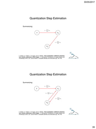 30/05/2017
39
Summarizing:
F. Galvan, G. Puglisi, A. R. Bruna, and S. Battiato, “First quantization coefficient extraction
from double compressed JPEG images,” in International Conference on Image Analysis and
Processing (ICIAP), ser. Lecture Notes in Computer Science, vol. 8156, 2013, pp. 783–792.
Quantization Step Estimation
ICT Doctoral School - Trento, May 2017
Summarizing:
F. Galvan, G. Puglisi, A. R. Bruna, and S. Battiato, “First quantization coefficient extraction
from double compressed JPEG images,” in International Conference on Image Analysis and
Processing (ICIAP), ser. Lecture Notes in Computer Science, vol. 8156, 2013, pp. 783–792.
Quantization Step Estimation
ICT Doctoral School - Trento, May 2017
 