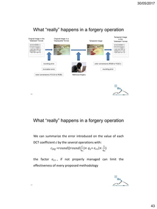 30/05/2017
43
101010100000111……
010101010101011……
111101111000011……
110011001100110……
000000001111100……
110011001100110……
………………………….
………………………….
Original Image in the
“bitstream” format
Original Image in a
“displayable” format
rounding error
truncation error
color conversions (YCrCb to RGB)
101010100000111……
010101010101011……
111111111000011……
110011001100110……
100000110111100……
110011001101110……
………………………….
………………………….
Malicious forgery
color conversions (RGB to YCbCr)
rounding error
Tampered Image
Tampered Image
in the
“bitstream” format
What “really” happens in a forgery operation
86
We can summarize the error introduced on the value of each
DCT coefficient c by the several operations with:
𝑐 𝐷𝑄 =𝑟𝑜𝑢𝑛𝑑((𝑟𝑜𝑢𝑛𝑑(
𝑐
𝑞1
)× 𝑞1+ 𝑒 𝑟𝑟)×
1
𝑞2
)
the factor 𝑒 𝑟𝑟 , if not properly managed can limit the
effectiveness of every proposed methodology
What “really” happens in a forgery operation
87
 