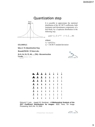 30/05/2017
9
ICT Doctoral School - Trento,
May 2017
Quantization step
It is possible to approximate the statistical
distribution of the AC DCT coefficients, both
luminance and chrominance components, of a
8x8 block, by a Laplacian distribution in the
following way:
pi(x)=  i /2 e-i |x| i = 1, 2, ..., 64;
where:
i= sqrt(2)/i ;
i = i-th DCT standard deviation;
EXAMPLE:
Q(u,v)= 8; Quantization Step
Round(256/8)= 32 Intervals;
[0, 8, 16, 24, 32, 40, ..., 256] - Reconstruction
Levels
Dead
zone
ICT Doctoral School - Trento, May 2017
Edmund Y. Lam, , Joseph W. Goodman - A Mathematical Analysis of the
DCT Coefficient Distributions for Images– IEEE Trans. On Image
Processing, Vol.9, No. 10, 2000
 
