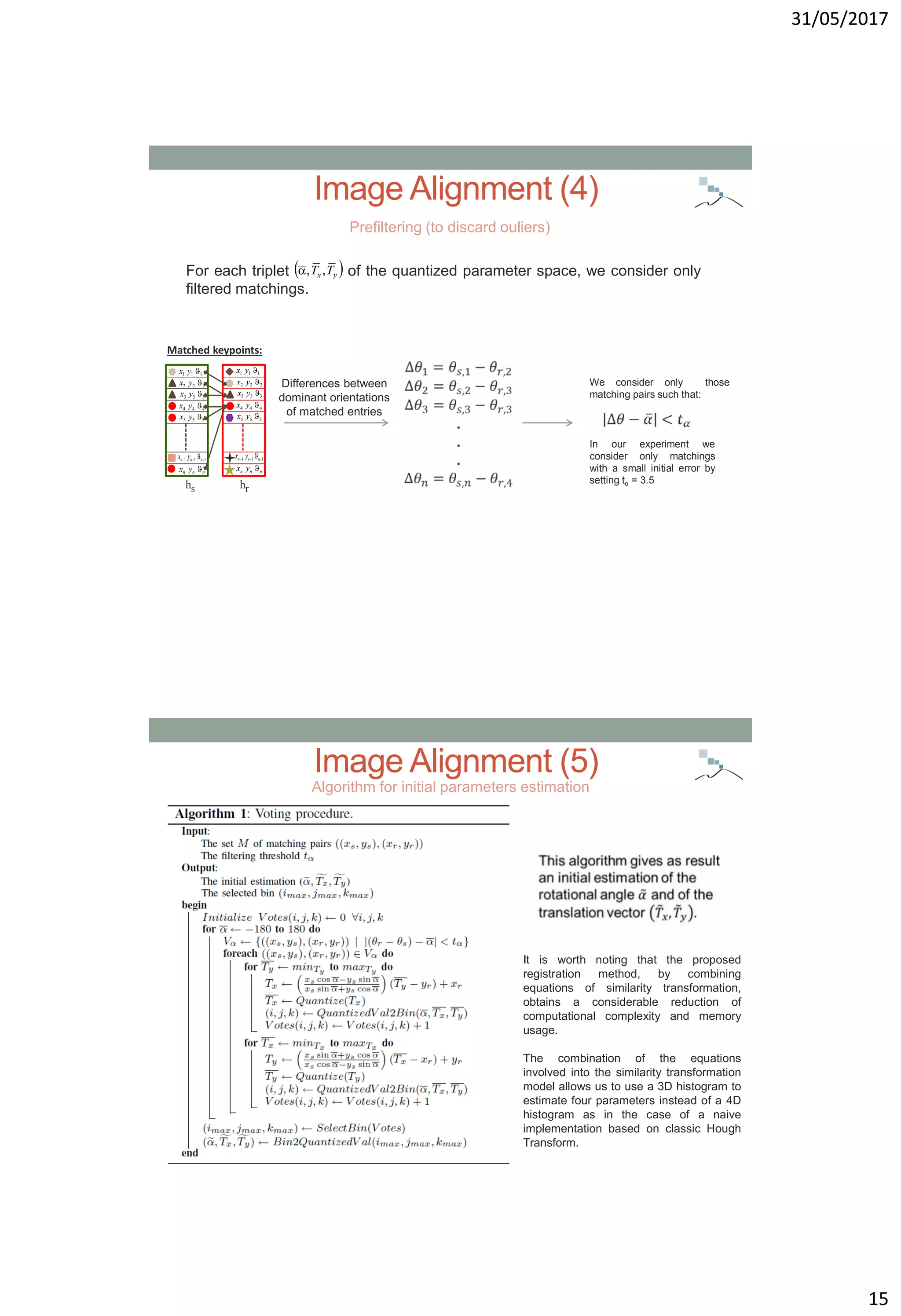 31/05/2017
15
Image Alignment (4)
Prefiltering (to discard ouliers)
For each triplet of the quantized parameter space, we consider only
filtered matchings.
 yx TT ,,
Differences between
dominant orientations
of matched entries
We consider only those
matching pairs such that:
Matched keypoints:
hs hr
222 yx
333 yx
444 yx
555 yx
111 yx
111  nnn yx
nnn yx 
222 yx
333 yx
444 yx
555 yx
111 yx
111  nnn yx
nnn yx 
In our experiment we
consider only matchings
with a small initial error by
setting tα = 3.5
Algorithm for initial parameters estimation
Image Alignment (5)
It is worth noting that the proposed
registration method, by combining
equations of similarity transformation,
obtains a considerable reduction of
computational complexity and memory
usage.
The combination of the equations
involved into the similarity transformation
model allows us to use a 3D histogram to
estimate four parameters instead of a 4D
histogram as in the case of a naive
implementation based on classic Hough
Transform.
 