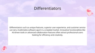 Differentiators
Differentiators such as unique features, superior user experience, and customer service
can set a multimedia software apart in a crowded market. Innovative functionalities like
AI-driven tools or advanced collaboration features often attract professional users
looking for efficiency and creativity.
 