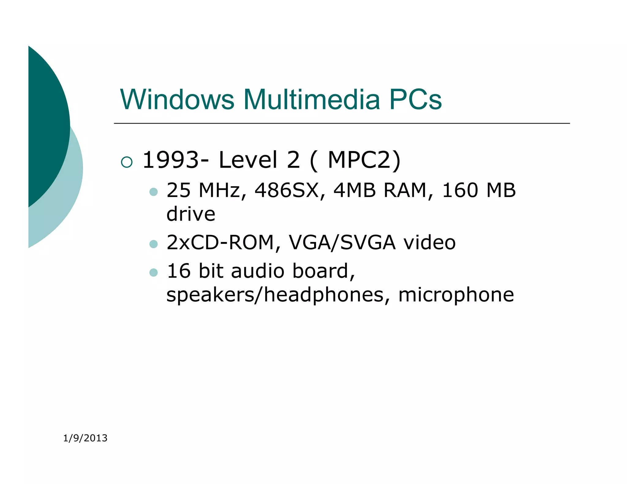 Windows Multimedia PCs

              1993- Level 2 ( MPC2)
                  25 MHz, 486SX, 4MB RAM, 160 MB
                   drive
                  2xCD-ROM, VGA/SVGA video
                  16 bit audio board,
                   speakers/headphones, microphone




1/9/2013
 