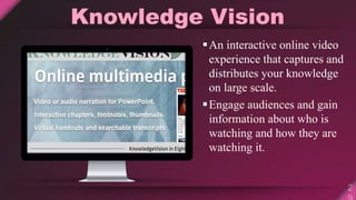 Knowledge Vision
An interactive online video
experience that captures and
distributes your knowledge
on large scale.
Engage audiences and gain
information about who is
watching and how they are
watching it.
 