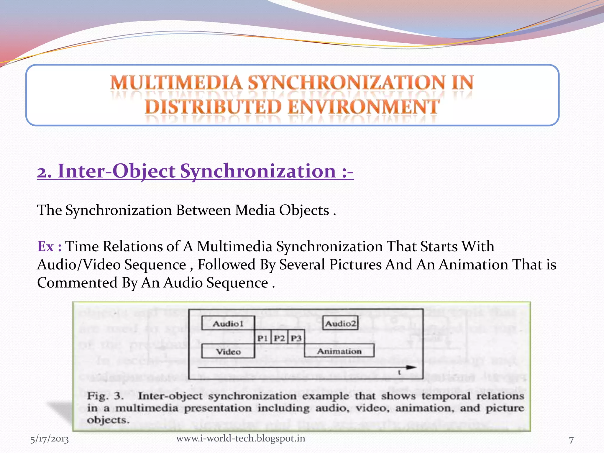 5/17/2013 7
2. Inter-Object Synchronization :-
The Synchronization Between Media Objects .
Ex : Time Relations of A Multimedia Synchronization That Starts With
Audio/Video Sequence , Followed By Several Pictures And An Animation That is
Commented By An Audio Sequence .
www.i-world-tech.blogspot.in
 