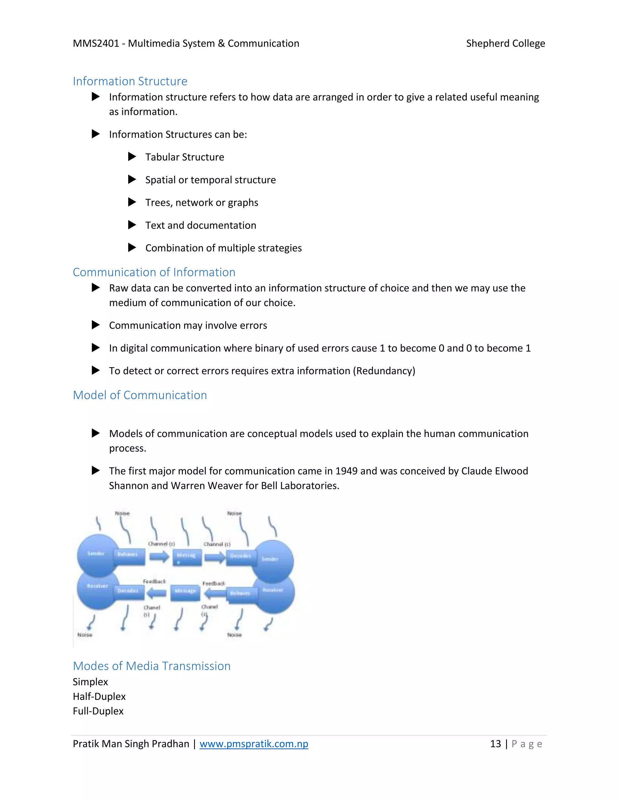 MMS2401 - Multimedia System & Communication Shepherd College
Pratik Man Singh Pradhan | www.pmspratik.com.np 13 | P a g e
Information Structure
 Information structure refers to how data are arranged in order to give a related useful meaning
as information.
 Information Structures can be:
 Tabular Structure
 Spatial or temporal structure
 Trees, network or graphs
 Text and documentation
 Combination of multiple strategies
Communication of Information
 Raw data can be converted into an information structure of choice and then we may use the
medium of communication of our choice.
 Communication may involve errors
 In digital communication where binary of used errors cause 1 to become 0 and 0 to become 1
 To detect or correct errors requires extra information (Redundancy)
Model of Communication
 Models of communication are conceptual models used to explain the human communication
process.
 The first major model for communication came in 1949 and was conceived by Claude Elwood
Shannon and Warren Weaver for Bell Laboratories.
Modes of Media Transmission
Simplex
Half-Duplex
Full-Duplex
 