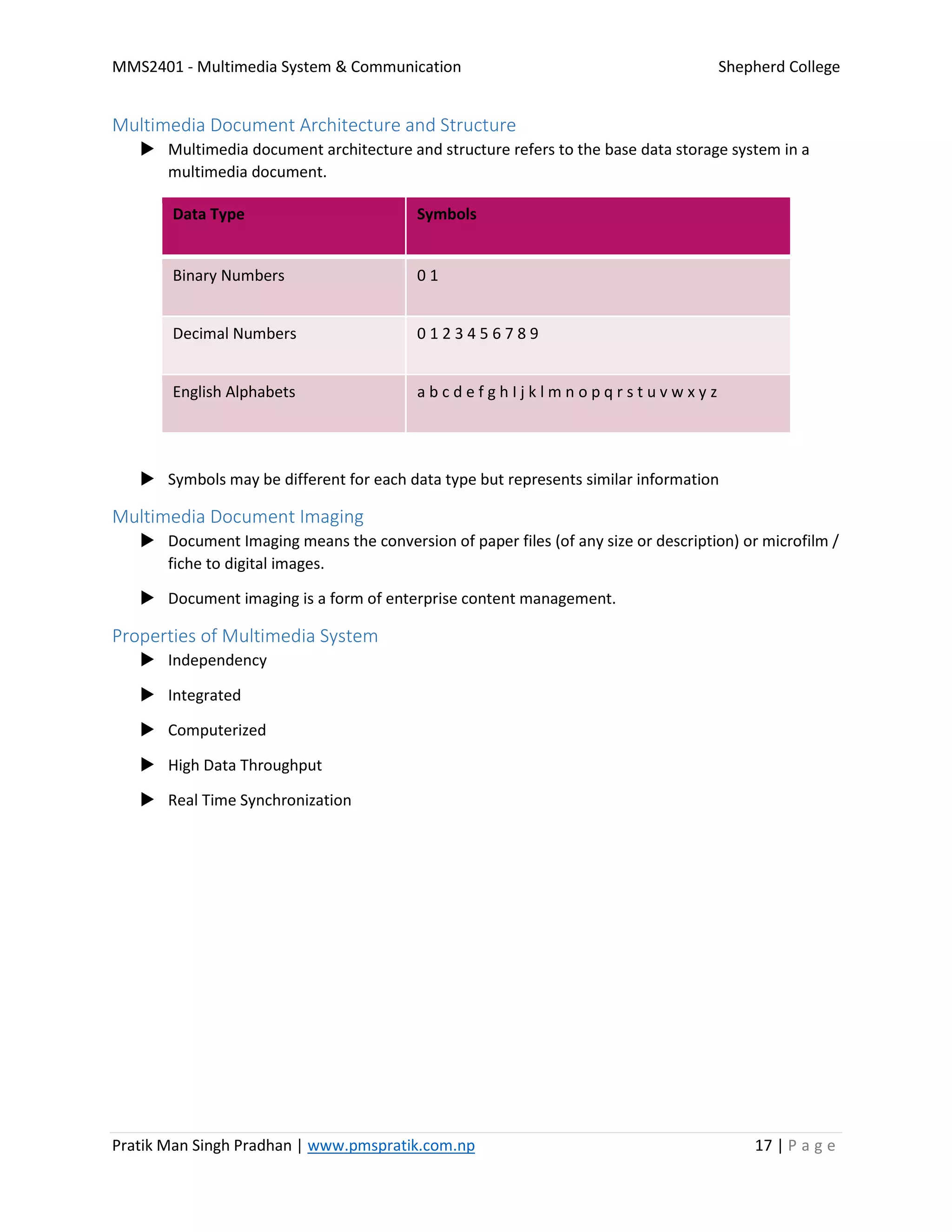 MMS2401 - Multimedia System & Communication Shepherd College
Pratik Man Singh Pradhan | www.pmspratik.com.np 17 | P a g e
Multimedia Document Architecture and Structure
 Multimedia document architecture and structure refers to the base data storage system in a
multimedia document.
Data Type Symbols
Binary Numbers 0 1
Decimal Numbers 0 1 2 3 4 5 6 7 8 9
English Alphabets a b c d e f g h I j k l m n o p q r s t u v w x y z
 Symbols may be different for each data type but represents similar information
Multimedia Document Imaging
 Document Imaging means the conversion of paper files (of any size or description) or microfilm /
fiche to digital images.
 Document imaging is a form of enterprise content management.
Properties of Multimedia System
 Independency
 Integrated
 Computerized
 High Data Throughput
 Real Time Synchronization
 