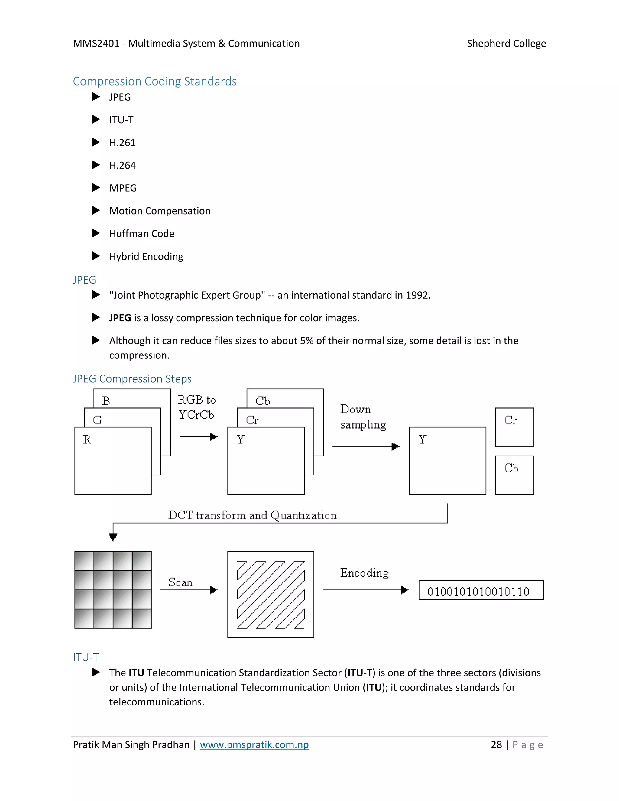 MMS2401 - Multimedia System & Communication Shepherd College
Pratik Man Singh Pradhan | www.pmspratik.com.np 28 | P a g e
Compression Coding Standards
 JPEG
 ITU-T
 H.261
 H.264
 MPEG
 Motion Compensation
 Huffman Code
 Hybrid Encoding
JPEG
 "Joint Photographic Expert Group" -- an international standard in 1992.
 JPEG is a lossy compression technique for color images.
 Although it can reduce files sizes to about 5% of their normal size, some detail is lost in the
compression.
JPEG Compression Steps
ITU-T
 The ITU Telecommunication Standardization Sector (ITU-T) is one of the three sectors (divisions
or units) of the International Telecommunication Union (ITU); it coordinates standards for
telecommunications.
 