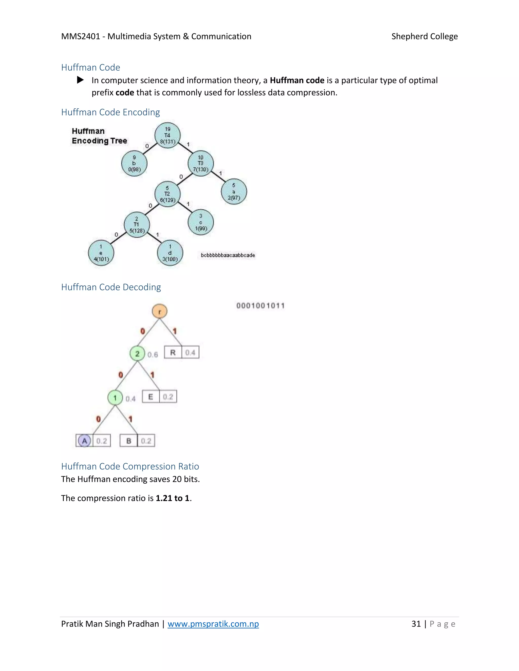 MMS2401 - Multimedia System & Communication Shepherd College
Pratik Man Singh Pradhan | www.pmspratik.com.np 31 | P a g e
Huffman Code
 In computer science and information theory, a Huffman code is a particular type of optimal
prefix code that is commonly used for lossless data compression.
Huffman Code Encoding
Huffman Code Decoding
Huffman Code Compression Ratio
The Huffman encoding saves 20 bits.
The compression ratio is 1.21 to 1.
 