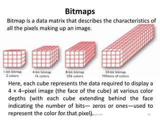 Bitmaps
Here, each cube represents the data required to display a
4 × 4–pixel image (the face of the cube) at various color
depths (with each cube extending behind the face
indicating the number of bits— zeros or ones—used to
represent the color for that pixel).
Bitmap is a data matrix that describes the characteristics of
all the pixels making up an image.
43Badar Waseer arbabwaseer@gmail.com
 
