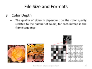 File Size and Formats
3. Color Depth
– The quality of video is dependent on the color quality
(related to the number of colors) for each bitmap in the
frame sequence.
20Badar Waseer arbabwaseer@gmail.com
 