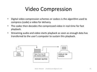 Video Compression
• Digital video compression schemes or codecs is the algorithm used to
compress (code) a video for delivery.
• The codec then decodes the compressed video in real-time for fast
playback.
• Streaming audio and video starts playback as soon as enough data has
transferred to the user’s computer to sustain this playback.
FULL
VIDEO
Taken from the CD
into memory buffer
DISPLAY ON
SCREEN
MEMORY BUFFER
25Badar Waseer arbabwaseer@gmail.com
 