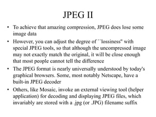 JPEG II
• To achieve that amazing compression, JPEG does lose some
  image data
• However, you can adjust the degree of ``lossiness'' with
  special JPEG tools, so that although the uncompressed image
  may not exactly match the original, it will be close enough
  that most people cannot tell the difference
• The JPEG format is nearly universally understood by today's
  graphical browsers. Some, most notably Netscape, have a
  built-in JPEG decoder
• Others, like Mosaic, invoke an external viewing tool (helper
  application) for decoding and displaying JPEG files, which
  invariably are stored with a .jpg (or .JPG) filename suffix
 