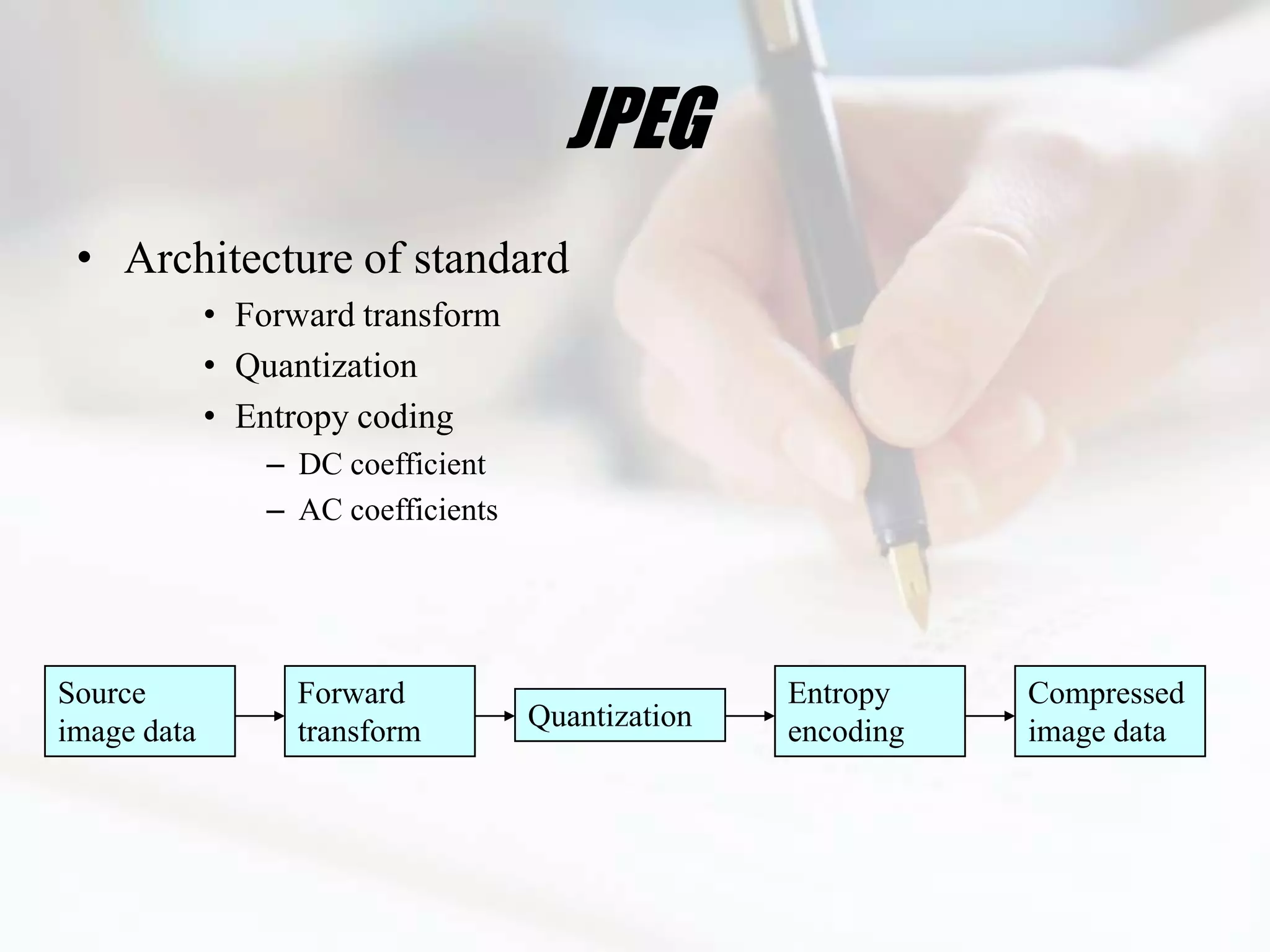 JPEG
 • Architecture of standard
             • Forward transform
             • Quantization
             • Entropy coding
                 – DC coefficient
                 – AC coefficients




Source             Forward                          Entropy    Compressed
image data         transform         Quantization   encoding   image data
 