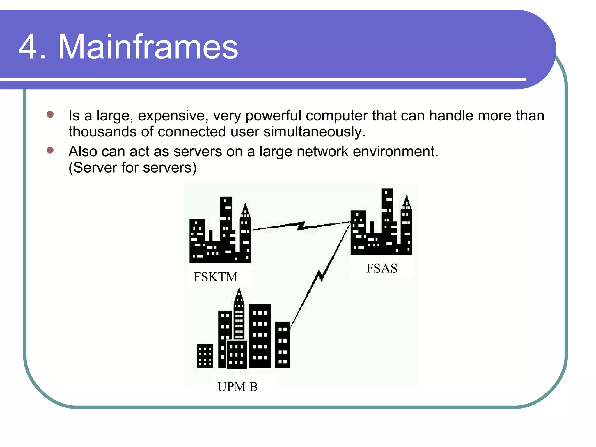4. Mainframes Is a large, expensive, very powerful computer that can handle more than thousands of connected user simultaneously.  Also can act as servers on a large network environment. (Server for servers) FSKTM FSAS UPM B 