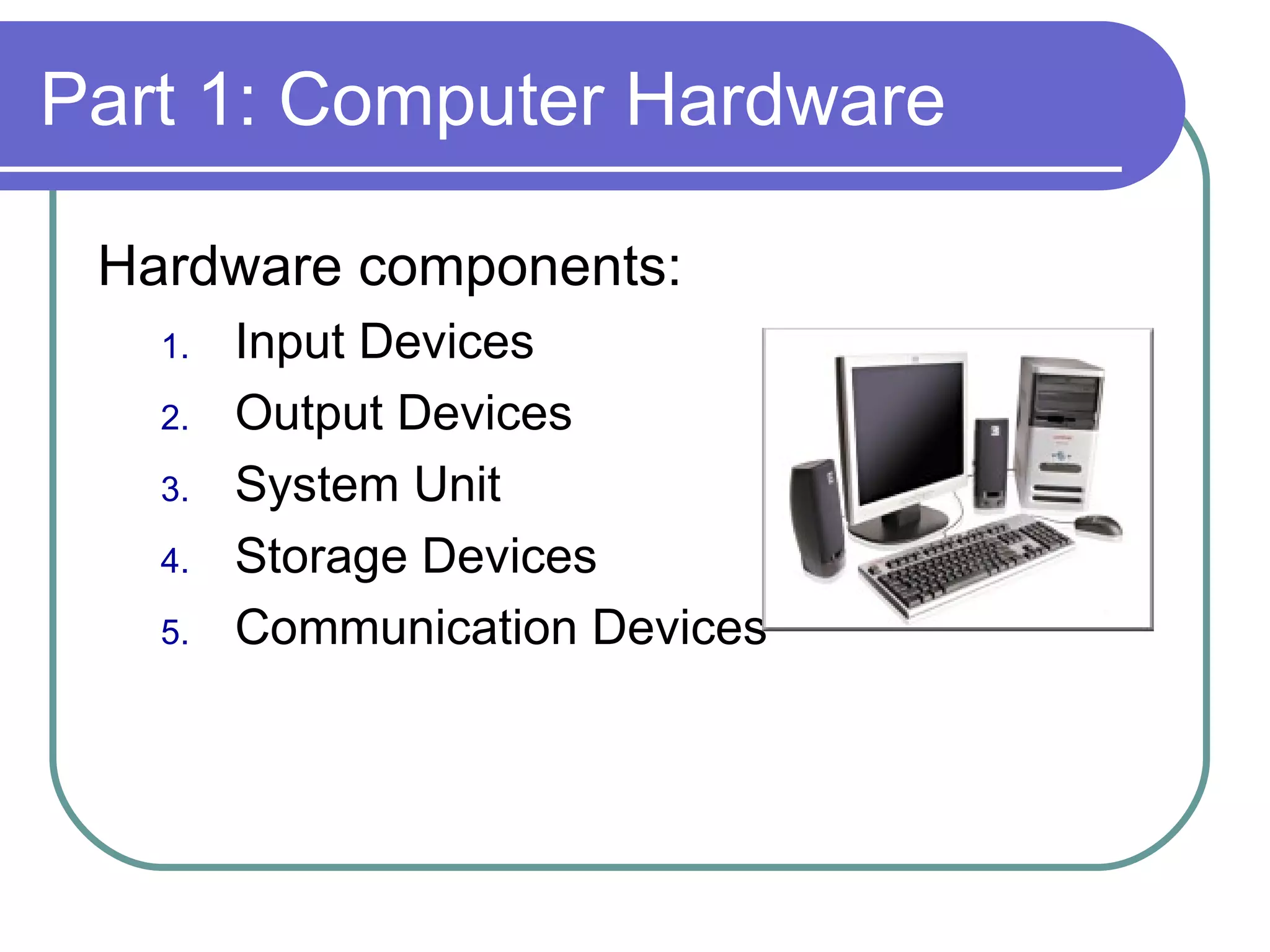 Part 1: Computer Hardware Hardware components: Input Devices Output Devices System Unit Storage Devices  Communication Devices 
