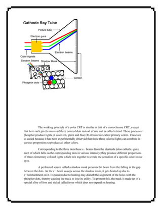 The working principle of a color CRT is similar to that of a monochrome CRT, except
that here each pixel consists of three colored dots instead of one and is called a triad. These processed
phosphor produce lights of color red, green and blue (RGB) and are called primary colors. These are
so called because it has been experimentally observed that these three colored lights can combine in
various proportions to produce all other colors.

             Corresponding to the three dots these e− beams from the electrode (also called e−gun),
each of which falls on the corresponding dots in various intensity; they produce different proportions
of three elementary colored lights which mix together to create the sensation of a specific color in our
eyes.

             A perforated screen called a shadow mask prevents the beam from the falling in the gap
between the dots. As the e− beam sweeps across the shadow mask, it gets heated up due to
e−bombardment on it. Expansion due to heating may disturb the alignment of the holes with the
phosphor dots, thereby causing the mask to lose its utility. To prevent this, the mask is made up of a
special alloy of Iron and nickel called invar which does not expand on heating.
 