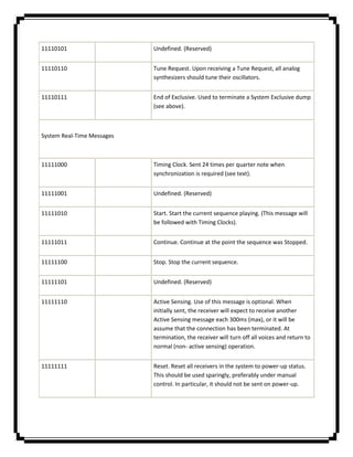 11110101                    Undefined. (Reserved)


11110110                    Tune Request. Upon receiving a Tune Request, all analog
                            synthesizers should tune their oscillators.


11110111                    End of Exclusive. Used to terminate a System Exclusive dump
                            (see above).



System Real-Time Messages



11111000                    Timing Clock. Sent 24 times per quarter note when
                            synchronization is required (see text).


11111001                    Undefined. (Reserved)


11111010                    Start. Start the current sequence playing. (This message will
                            be followed with Timing Clocks).


11111011                    Continue. Continue at the point the sequence was Stopped.


11111100                    Stop. Stop the current sequence.


11111101                    Undefined. (Reserved)


11111110                    Active Sensing. Use of this message is optional. When
                            initially sent, the receiver will expect to receive another
                            Active Sensing message each 300ms (max), or it will be
                            assume that the connection has been terminated. At
                            termination, the receiver will turn off all voices and return to
                            normal (non- active sensing) operation.


11111111                    Reset. Reset all receivers in the system to power-up status.
                            This should be used sparingly, preferably under manual
                            control. In particular, it should not be sent on power-up.
 