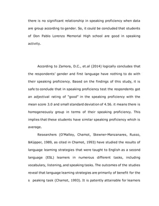 there is no significant relationship in speaking proficiency when data
are group according to gender. So, it could be concluded that students
of Don Pablo Lorenzo Memorial High school are good in speaking
activity.
According to Zamora, D.C., et.al (2014) logically concludes that
the respondents’ gender and first language have nothing to do with
their speaking proficiency. Based on the findings of this study, it is
safe to conclude that in speaking proficiency test the respondents got
an adjectival rating of “good” in the speaking proficiency with the
mean score 3.0 and small standard deviation of 4.56. it means there is
homogeneously group in terms of their speaking proficiency. This
implies that these students have similar speaking proficiency which is
average.
Researchers (O'Malley, Chamot, Stewner-Manzanares, Russo,
&Küpper, 1989, as cited in Chamot, 1993) have studied the results of
language learning strategies that were taught to English as a second
language (ESL) learners in numerous different tasks, including
vocabulary, listening, and speaking tasks. The outcomes of the studies
reveal that language learning strategies are primarily of benefit for the
s peaking task (Chamot, 1993). It is patently attainable for learners
 