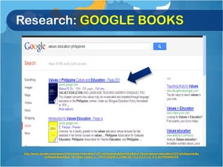 Research: GOOGLE BOOKS




 http://www.google.com/search?q=values+education%2C+philippines&tbm=bks&tbo=1&oq=values+education%2C+philippines&a
               q=f&aqi=&aql=&gs_nf=1&gs_l=serp.3...15570.20836.0.20982.29.15.0.0.0.0.0.0..0.0.eUYS040HUVA
 