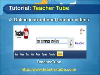 Tutorial: Teacher Tube

 Online instructional teacher videos




           TeacherTube
    http://www.teachertube.com/
 