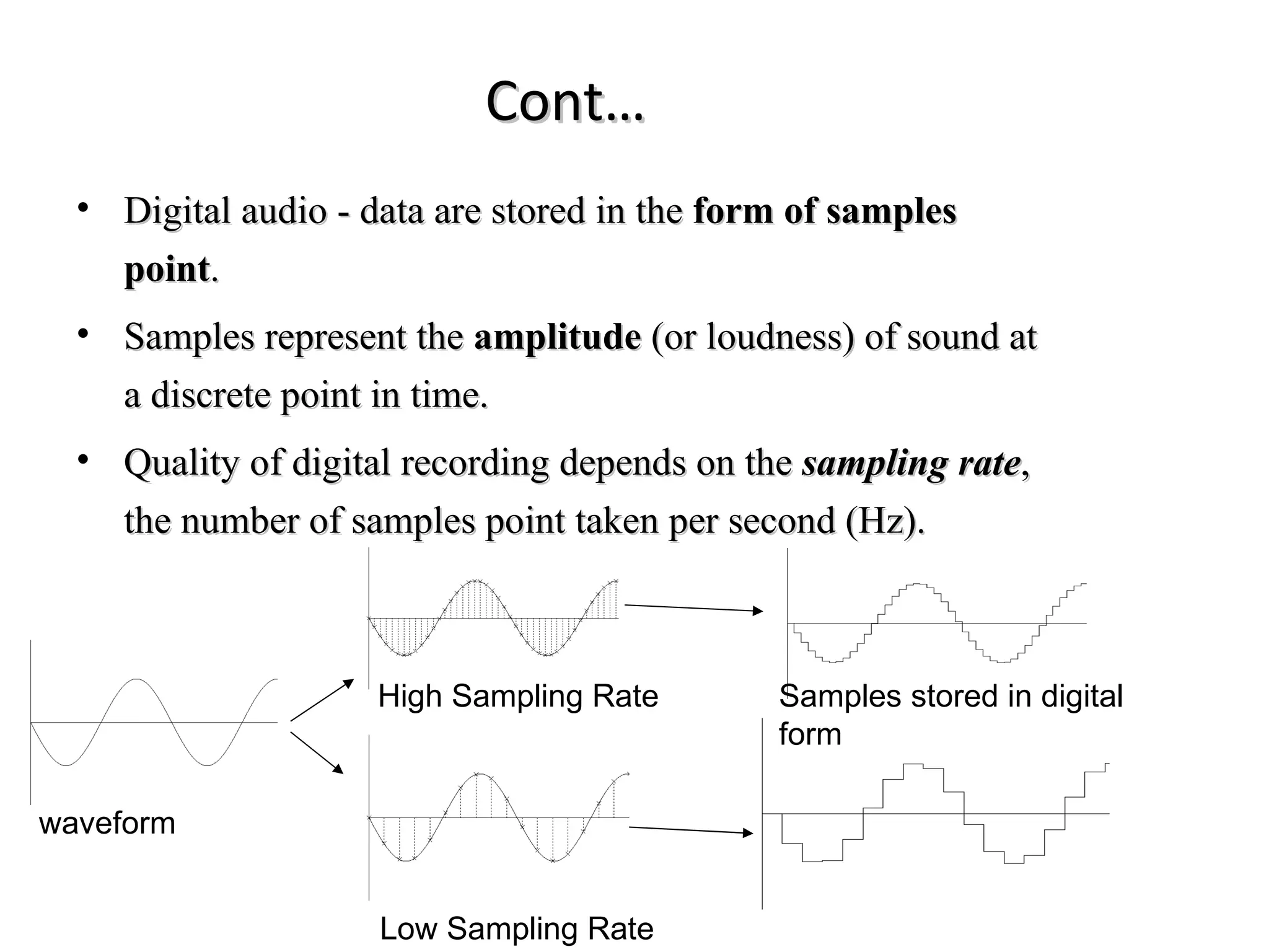 Cont…
  • Digital audio - data are stored in the form of samples
    point.
  • Samples represent the amplitude (or loudness) of sound at
    a discrete point in time.
  • Quality of digital recording depends on the sampling rate,
    the number of samples point taken per second (Hz).



                     High Sampling Rate       Samples stored in digital
                                              form

waveform


                     Low Sampling Rate
 
