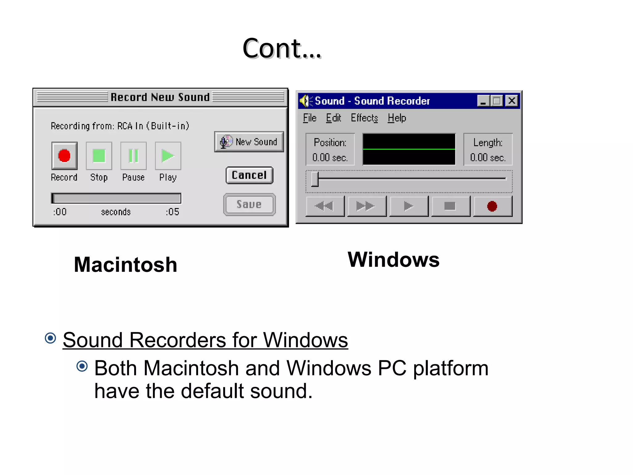 Cont…




     Macintosh                 Windows


   Sound Recorders for Windows
      Both Macintosh and Windows PC platform
       have the default sound.
 