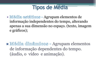 Agrupam elementos de
informação independentes do tempo, alterando
apenas a sua dimensão no espaço. (texto, imagem
e gráficos);
Agrupam elementos
de informação dependentes do tempo.
(áudio, o vídeo e animação).
 
