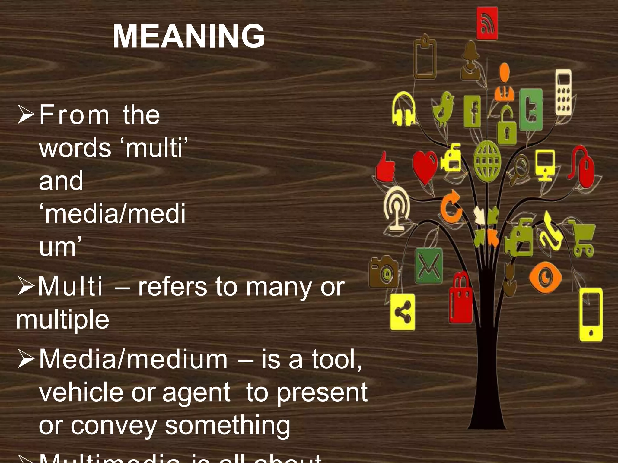 MEANING
From the
words ‘multi’
and
‘media/medi
um’
Multi – refers to many or
multiple
Media/medium – is a tool,
vehicle or agent to present
or convey something
 