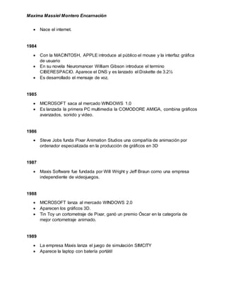 Maxima Massiel Montero Encarnación
 Nace el internet.
1984
 Con la MACINTOSH, APPLE introduce al público el mouse y la interfaz gráfica
de usuario
 En su novela Neuromancer William Gibson introduce el termino
CIBERESPACIO. Aparece el DNS y es lanzado el Diskette de 3.2½
 Es desarrollado el mensaje de voz.
1985
 MICROSOFT saca al mercado WINDOWS 1.0
 Es lanzada la primera PC multimedia la COMODORE AMIGA, combina gráficos
avanzados, sonido y video.
1986
 Steve Jobs funda Pixar Animation Studios una compañía de animación por
ordenador especializada en la producción de gráficos en 3D
1987
 Maxis Software fue fundada por Will Wright y Jeff Braun como una empresa
independiente de videojuegos.
1988
 MICROSOFT lanza al mercado WINDOWS 2.0
 Aparecen los gráficos 3D.
 Tin Toy un cortometraje de Pixar, ganó un premio Óscar en la categoría de
mejor cortometraje animado.
1989
 La empresa Maxis lanza el juego de simulación SIMCITY
 Aparece la laptop con batería portátil
 