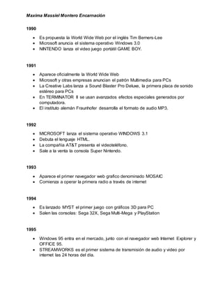 Maxima Massiel Montero Encarnación
1990
 Es propuesta la World Wide Web por el inglés Tim Berners-Lee
 Microsoft anuncia el sistema operativo Windows 3.0
 NINTENDO lanza el video juego portátil GAME BOY.
1991
 Aparece oficialmente la World Wide Web
 Microsoft y otras empresas anuncian el patrón Multimedia para PCs
 La Creative Labs lanza a Sound Blaster Pro Deluxe, la primera placa de sonido
estéreo para PCs
 En TERMINATOR II se usan avanzados efectos especiales generados por
computadora.
 El instituto alemán Fraunhofer desarrolla el formato de audio MP3.
1992
 MICROSOFT lanza el sistema operativo WINDOWS 3.1
 Debuta el lenguaje HTML.
 La compañía AT&T presenta el videoteléfono.
 Sale a la venta la consola Super Nintendo.
1993
 Aparece el primer navegador web grafico denominado MOSAIC
 Comienza a operar la primera radio a través de internet
1994
 Es lanzado MYST el primer juego con gráficos 3D para PC
 Salen las consolas: Sega 32X, Sega Multi-Mega y PlayStation
1995
 Windows 95 entra en el mercado, junto con el navegador web Internet Explorer y
OFFICE 95.
 STREAMWORKS es el primer sistema de transmisión de audio y video por
internet las 24 horas del día.
 