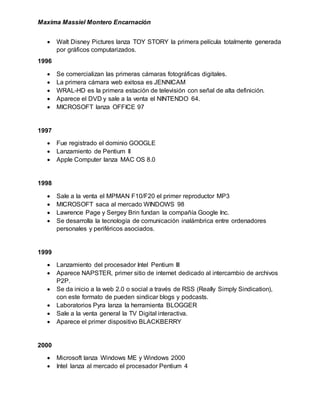 Maxima Massiel Montero Encarnación
 Walt Disney Pictures lanza TOY STORY la primera película totalmente generada
por gráficos computarizados.
1996
 Se comercializan las primeras cámaras fotográficas digitales.
 La primera cámara web exitosa es JENNICAM
 WRAL-HD es la primera estación de televisión con señal de alta definición.
 Aparece el DVD y sale a la venta el NINTENDO 64.
 MICROSOFT lanza OFFICE 97
1997
 Fue registrado el dominio GOOGLE
 Lanzamiento de Pentium II
 Apple Computer lanza MAC OS 8.0
1998
 Sale a la venta el MPMAN F10/F20 el primer reproductor MP3
 MICROSOFT saca al mercado WINDOWS 98
 Lawrence Page y Sergey Brin fundan la compañía Google Inc.
 Se desarrolla la tecnología de comunicación inalámbrica entre ordenadores
personales y periféricos asociados.
1999
 Lanzamiento del procesador Intel Pentium III
 Aparece NAPSTER, primer sitio de internet dedicado al intercambio de archivos
P2P.
 Se da inicio a la web 2.0 o social a través de RSS (Really Simply Sindication),
con este formato de pueden sindicar blogs y podcasts.
 Laboratorios Pyra lanza la herramienta BLOGGER
 Sale a la venta general la TV Digital interactiva.
 Aparece el primer dispositivo BLACKBERRY
2000
 Microsoft lanza Windows ME y Windows 2000
 Intel lanza al mercado el procesador Pentium 4
 