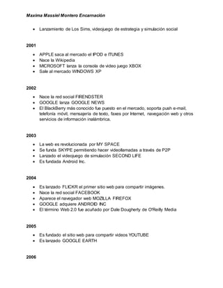 Maxima Massiel Montero Encarnación
 Lanzamiento de Los Sims, videojuego de estrategia y simulación social
2001
 APPLE saca al mercado el IPOD e ITUNES
 Nace la Wikipedia
 MICROSOFT lanza la consola de video juego XBOX
 Sale al mercado WINDOWS XP
2002
 Nace la red social FIRENDSTER
 GOOGLE lanza GOOGLE NEWS
 El BlackBerry más conocido fue puesto en el mercado, soporta push e-mail,
telefonía móvil, mensajería de texto, faxes por Internet, navegación web y otros
servicios de información inalámbrica.
2003
 La web es revolucionada por MY SPACE
 Se funda SKYPE permitiendo hacer videollamadas a través de P2P
 Lanzado el videojuego de simulación SECOND LIFE
 Es fundada Android Inc.
2004
 Es lanzado FLICKR el primer sitio web para compartir imágenes.
 Nace la red social FACEBOOK
 Aparece el navegador web MOZILLA FIREFOX
 GOOGLE adquiere ANDROID INC
 El término Web 2.0 fue acuñado por Dale Dougherty de O'Reilly Media
2005
 Es fundado el sitio web para compartir videos YOUTUBE
 Es lanzado GOOGLE EARTH
2006
 