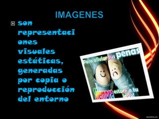    son
    representaci
    ones
    visuales
    estáticas,
    generadas
    por copia o
    reproducción
    del entorno
 