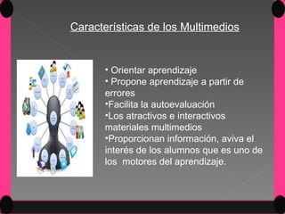 Características de los Multimedios Orientar aprendizaje Propone aprendizaje a partir de errores Facilita la autoevaluación  Los atractivos e interactivos materiales multimedios  Proporcionan información, aviva el interés de los alumnos que es uno de los  motores del aprendizaje.   