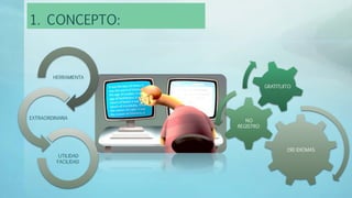 1. CONCEPTO:
HERRAMIENTA
EXTRAORDINARIA
UTILIDAD
FACILIDAD
190 IDIOMAS
NO
REGISTRO
GRATITUITO
 