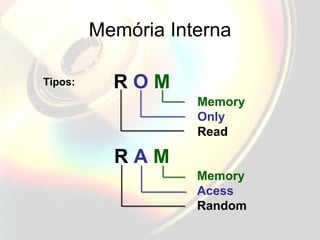 Memória Interna Tipos:  R   O   M R   A   M Memory Only Read Memory Acess Random 