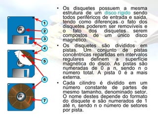 Os disquetes possuem a mesma estrutura de um  disco rígido  sendo todos periféricos de entrada e saida, tendo como diferenças o fato dos disquetes poderem ser removíveis e o fato dos disquetes serem compostos de um único disco magnético. Os disquetes são divididos em pistas. Um conjunto de pistas concêntricas repartidas em intervalos regulares definem a superfície magnética do disco. As pistas são numeradas de 0 a n, sendo n o número total. A pista 0 é a mais externa. Cada cilindro é dividido em um número constante de partes de mesmo tamanho, denominado setor. O nome destes depende do formato do disquete e são numerados de 1 até n, sendo n o número de setores por pista. 