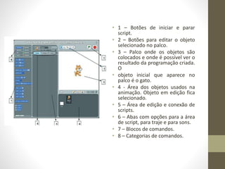 • 1 – Botões de iniciar e parar
script.
• 2 – Botões para editar o objeto
selecionado no palco.
• 3 – Palco onde os objetos são
colocados e onde é possível ver o
resultado da programação criada.
O
• objeto inicial que aparece no
palco é o gato.
• 4 - Área dos objetos usados na
animação. Objeto em edição fica
selecionado.
• 5 – Área de edição e conexão de
scripts.
• 6 – Abas com opções para a área
de script, para traje e para sons.
• 7 – Blocos de comandos.
• 8 – Categorias de comandos.
 