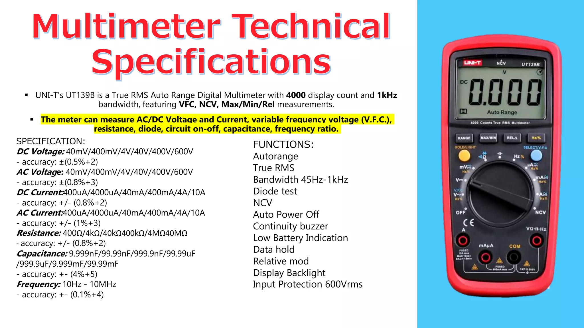  UNI-T's UT139B is a True RMS Auto Range Digital Multimeter with 4000 display count and 1kHz
bandwidth, featuring VFC, NCV, Max/Min/Rel measurements.
 The meter can measure AC/DC Voltage and Current, variable frequency voltage (V.F.C.),
resistance, diode, circuit on-off, capacitance, frequency ratio.
SPECIFICATION:
DC Voltage: 40mV/400mV/4V/40V/400V/600V
- accuracy: ±(0.5%+2)
AC Voltage: 40mV/400mV/4V/40V/400V/600V
- accuracy: ±(0.8%+3)
DC Current:400uA/4000uA/40mA/400mA/4A/10A
- accuracy: +/- (0.8%+2)
AC Current:400uA/4000uA/40mA/400mA/4A/10A
- accuracy: +/- (1%+3)
Resistance: 400Ω/4kΩ/40kΩ400kΩ/4MΩ40MΩ
- accuracy: +/- (0.8%+2)
Capacitance: 9.999nF/99.99nF/999.9nF/99.99uF
/999.9uF/9.999mF/99.99mF
- accuracy: +- (4%+5)
Frequency: 10Hz - 10MHz
- accuracy: +- (0.1%+4)
FUNCTIONS:
Autorange
True RMS
Bandwidth 45Hz-1kHz
Diode test
NCV
Auto Power Off
Continuity buzzer
Low Battery Indication
Data hold
Relative mod
Display Backlight
Input Protection 600Vrms
 