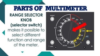 PARTS OF MULTIMETER
RANGE SELECTOR
KNOB
(selector switch)
makes it possible to
select different
function and range
of the meter.
 