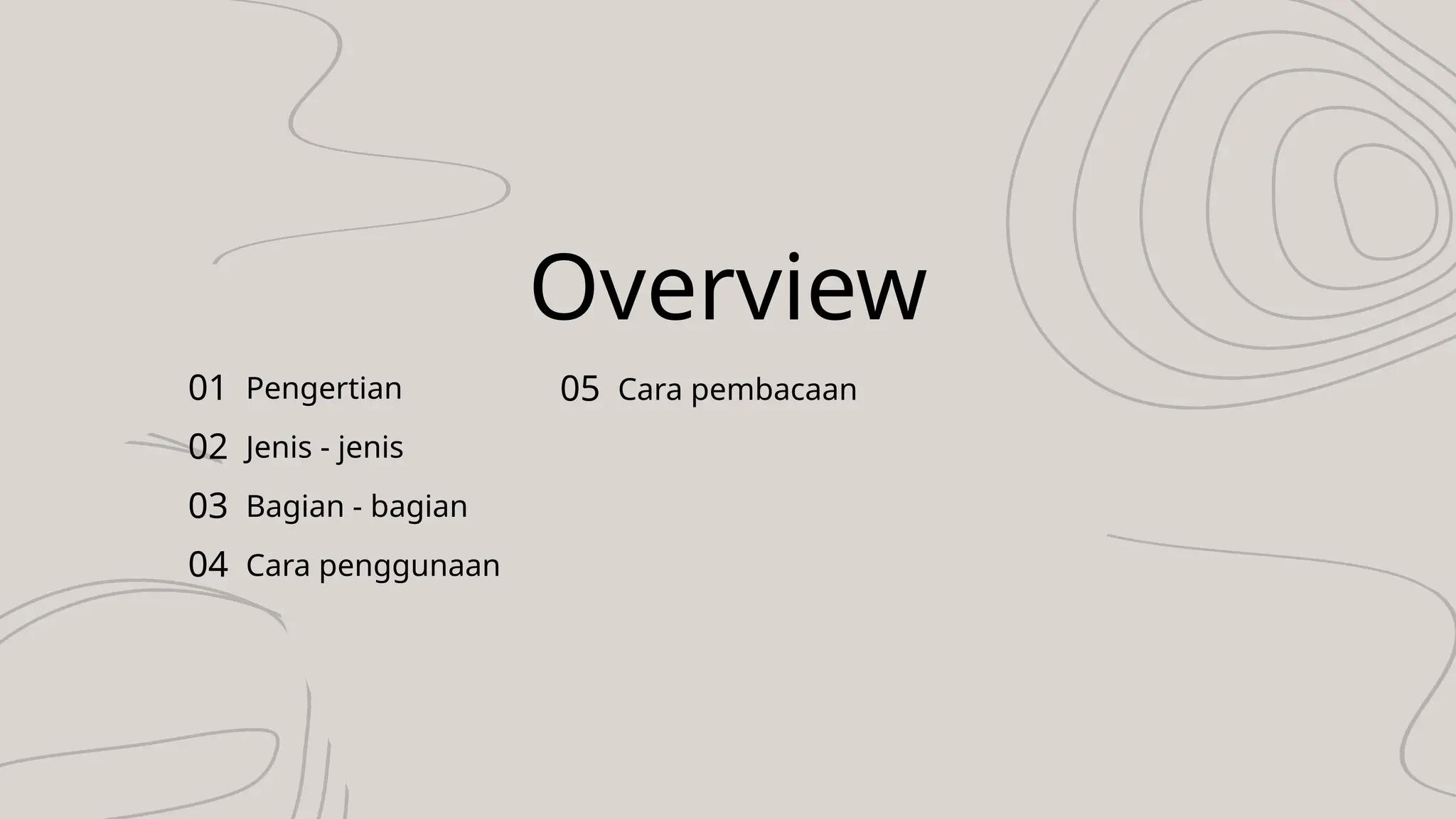 Overview
Pengertian
Jenis - jenis
Bagian - bagian
Cara penggunaan
01
02
03
04
Cara pembacaan
05
 