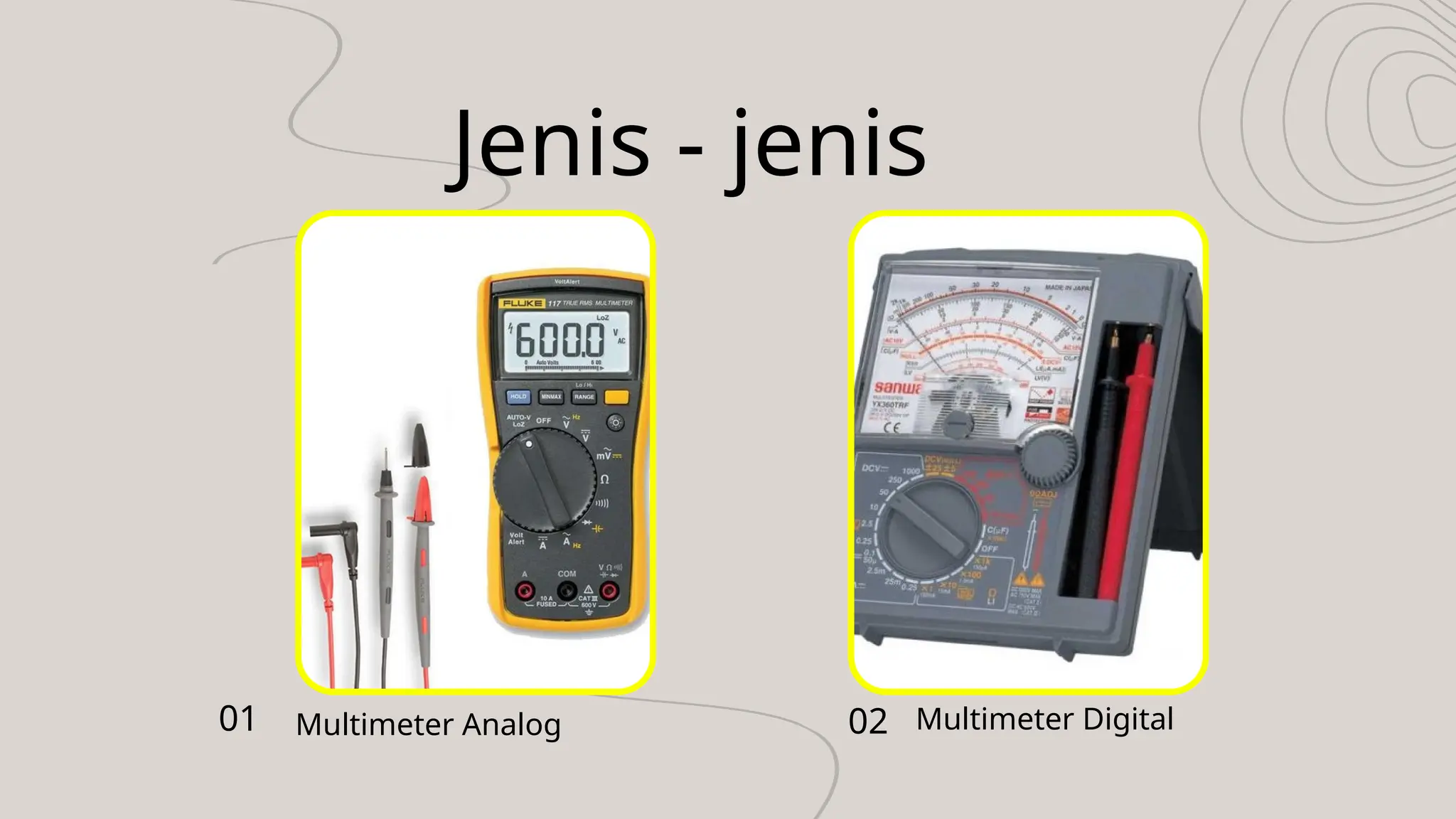 Jenis - jenis
Multimeter Analog Multimeter Digital
01 02
 