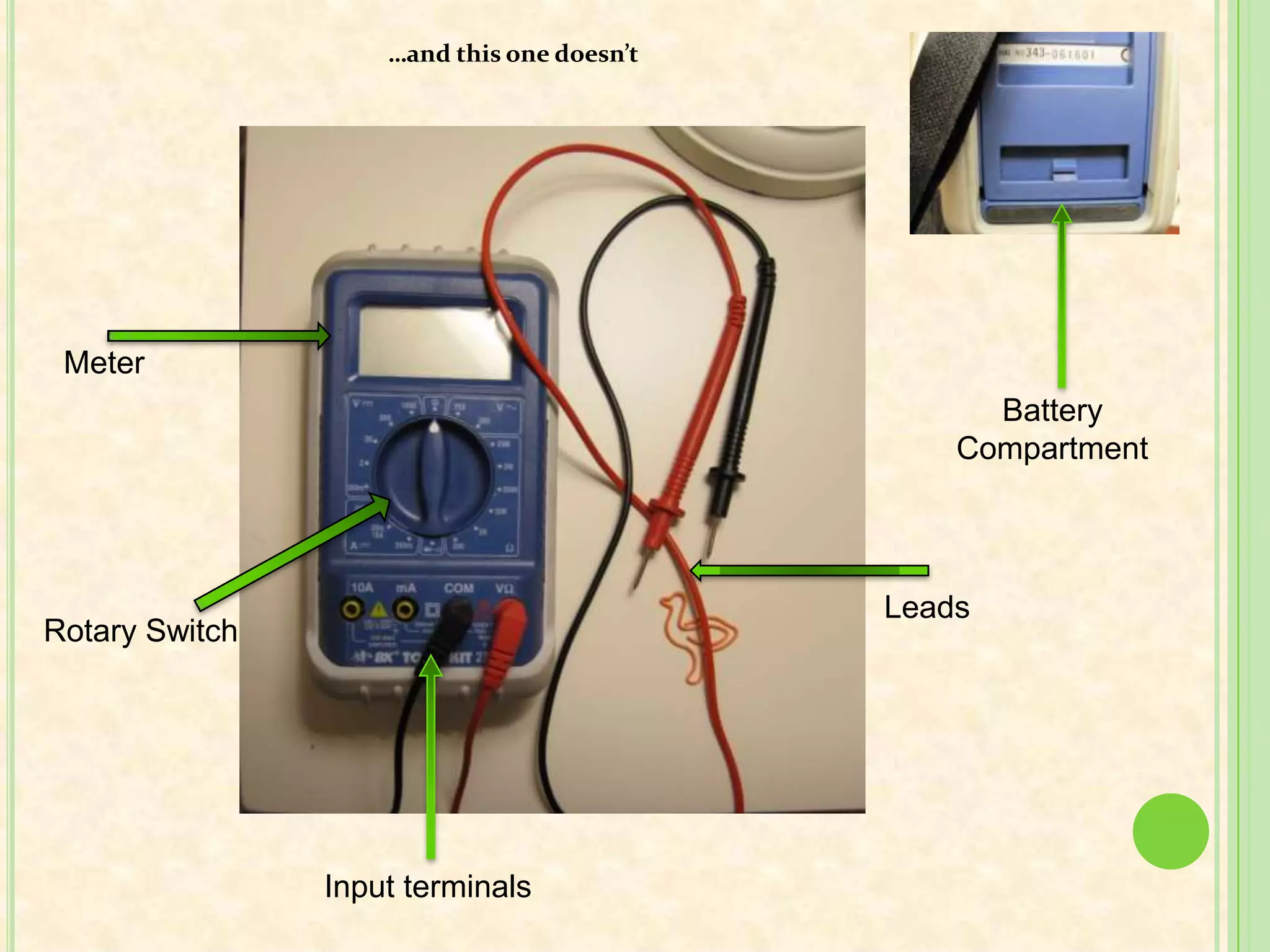 …and this one doesn’tMeterBattery CompartmentLeadsRotary SwitchInput terminals